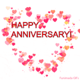 a happy anniversary greeting card with pink hearts surrounding it