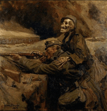 a painting of a soldier with a skeleton on his back and the year 1917 on the bottom