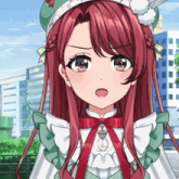a girl with red hair is wearing a green and white dress
