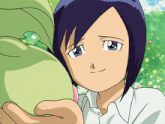 a girl with purple hair and blue eyes is holding a green object