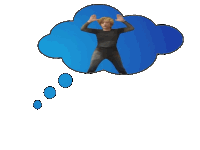 a blue thought bubble with a person standing inside of it