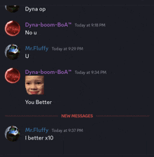 a screenshot of a conversation between dyna op and mr fluffy