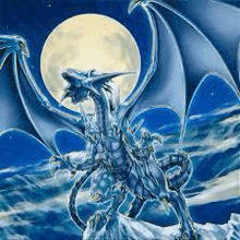 a blue dragon with wings is standing on top of a mountain in front of a full moon .