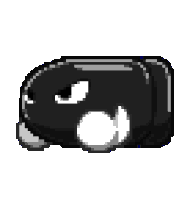 a pixel art drawing of a black bullet with a white nose