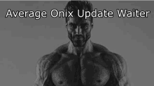 a shirtless man is standing in front of a white background with the words `` average onix update waiter '' .