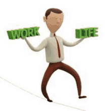 a man is walking on a tightrope holding a sign that says `` work and life '' .