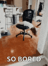 a dog is laying on top of an office chair in a living room with the words `` so bored '' above it .