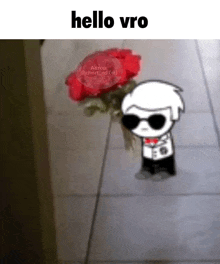 a cartoon character is holding a bouquet of red roses in front of a door .