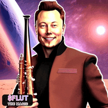 a man in a suit is holding a saxophone with the words $ flut the magic behind him