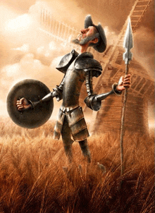 a cartoon of don quixote holding a shield and a spear in front of a windmill