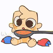 a drawing of a baby holding a spoon with the word waffle on the bottom