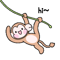 a cartoon of a monkey hanging from a tree branch with the word hi below it .