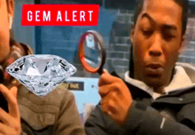 a man holding a magnifying glass in front of a sign that says " gem alert "