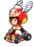 a pixel art of a person riding a kart with wings .