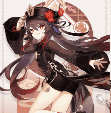 a girl with long hair and red eyes is wearing a black hat with a letter p on it