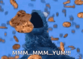 cookie monster from sesame street is surrounded by cookies and says mmmm .