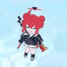 a little girl with red hair is flying in the air .