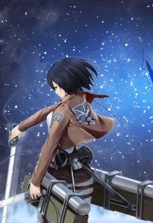 a girl holding a sword and wearing a jacket that says ' aot ' on it