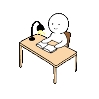 a cartoon of a person sitting at a desk reading a book under a lamp .