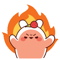 a cartoon character with a strawberry on its head is surrounded by flames