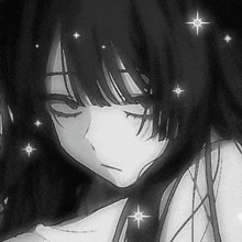 a black and white drawing of a girl with long black hair and stars .