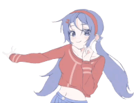 a drawing of a girl with blue hair wearing a red shirt