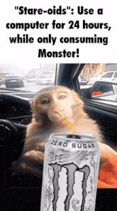 a monkey in a car drinking from a can of monster zero sugar