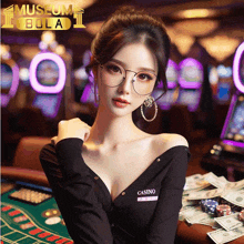 a woman wearing glasses and a shirt that says casino on it