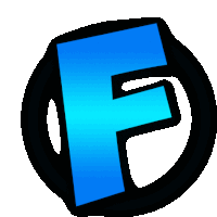 a blue letter f is in a black circle on a white background