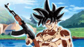 goku from dragon ball z is holding a gun in a field .