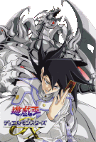 a poster for yu-gi-oh shows a man holding a card in front of a dragon