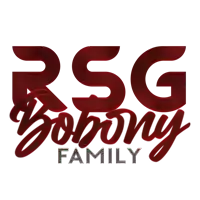 a logo for rsg bobony family with red letters on a white background