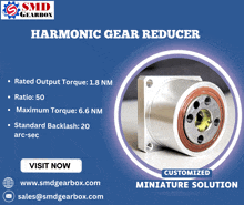 an advertisement for harmonic gear reducer features a picture of the product