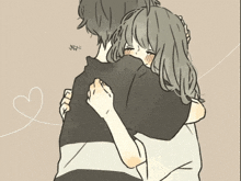 a drawing of a boy and a girl hugging with a heart behind them