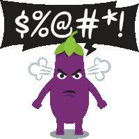 a cartoon illustration of an angry eggplant with a speech bubble above it that says $ % @ # * !