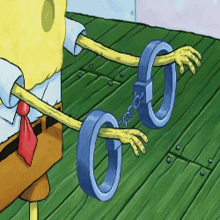 a cartoon of spongebob wearing handcuffs on his arms