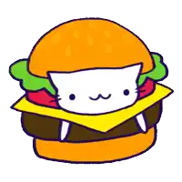 a cartoon drawing of a hamburger with a white cat on top