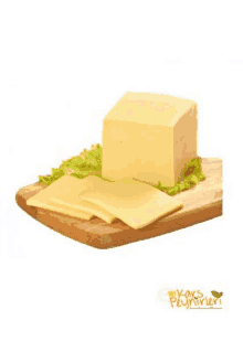 a block of cheese is sitting on a wooden cutting board with lettuce slices .