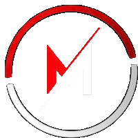 a red and white circle with a letter m inside