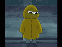 a cartoon character wearing a yellow raincoat with a hood .