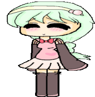 a pixel art drawing of a girl with green hair wearing a pink dress and knee high socks .