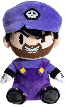 a stuffed toy of a man with a beard wearing a purple hat and overalls