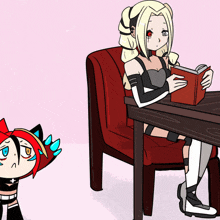 a cartoon of a girl reading a book while another girl looks on