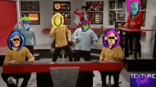 a group of people are sitting at a table and dancing in a room with pixelated faces on them .