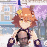 a bald man wearing headphones is sitting in front of a girl in a video game .
