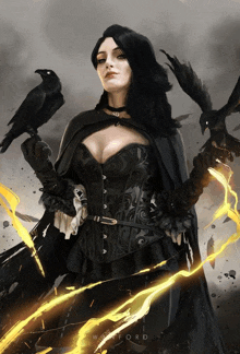 a woman in a black corset and cape holding a crow in her hands