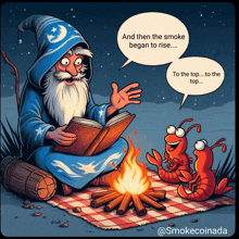 a cartoon of a wizard reading a book to lobsters by a fire