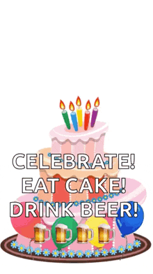 a birthday cake with balloons and candles and the words " celebrate eat cake drink beer "