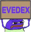 a purple frog is holding a cardboard sign that says evedex .