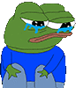 a frog wearing a blue shirt is crying .